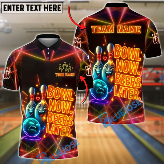 BlueJose Bowling And Pins Neon Now Beers Later Funny Quote Customized Name 3D Shirt (4 Colors)