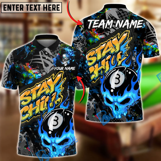 BlueJose Billiards 8-Ball Skull Flame Graffiti Stay Chill Customized Name, Team Name 3D Shirt (4 Colors)