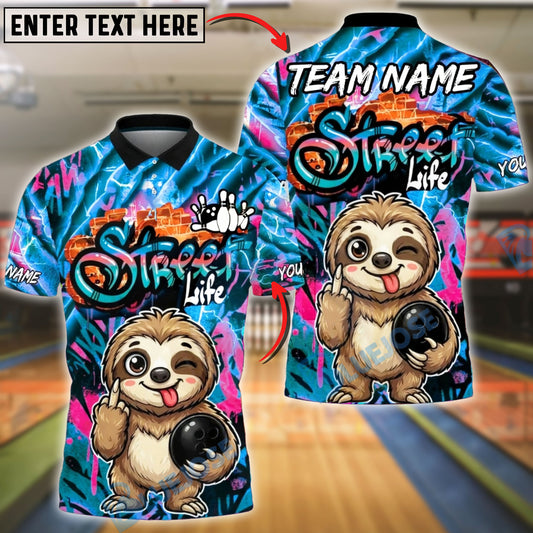 BlueJose Bowling & Pins Street Life Sloth Neon Graffiti Customized Name, Team Name 3D Shirt (4 Colors)