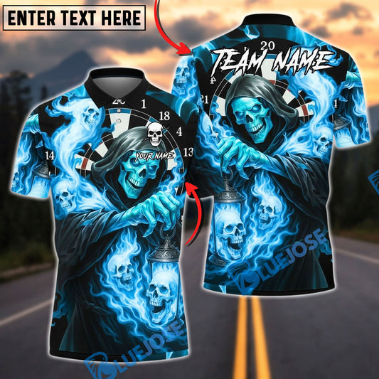 BlueJose Darts Grim Reaper Dartboard Flames Personalized Name, Team Name Unisex Shirt (4 Colors)