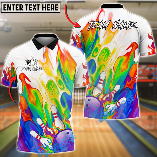 BlueJose Bowling And Pins Neon Rainbow Flame White Customized Name, Team Name 3D Shirt