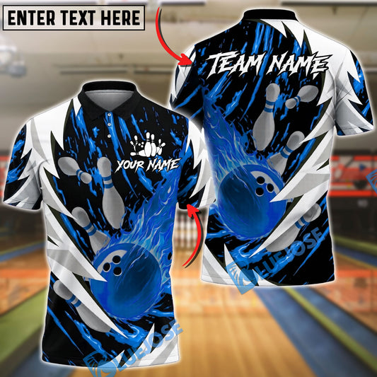 BlueJose Bowling And Pins Flaming Strike Lightning Silver Customized Name, Team Name 3D Shirt (4 Colors)