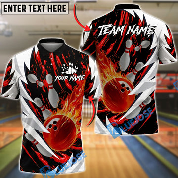 BlueJose Bowling And Pins Flaming Strike Lightning Silver Customized Name, Team Name 3D Shirt (4 Colors)