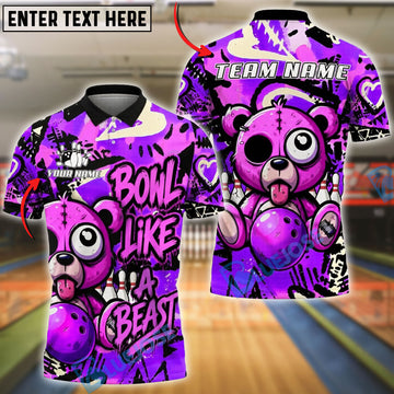 BlueJose Bowling And Pins Graffiti Bear Bowl Like A Beast Customized Name, Team Name 3D Shirt (4 Colors)