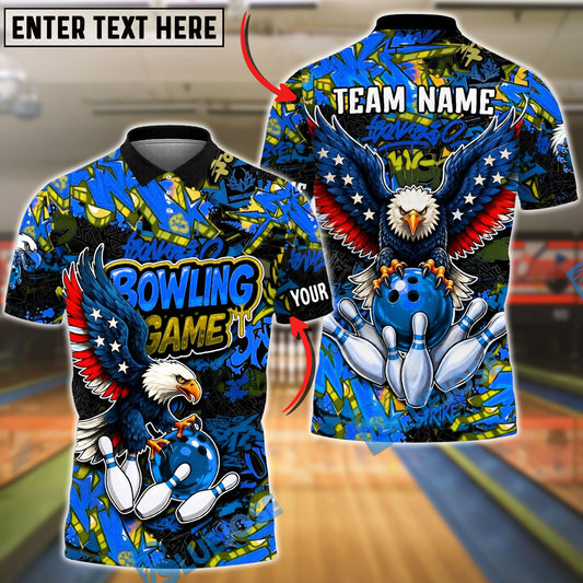 BlueJose Bowling And Pins Graffiti Eagle USA Flag Bowling Game Customized Name, Team Name 3D Shirt (4 Colors)