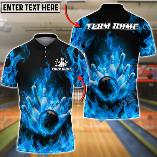BlueJose Bowling And Pins Flaming Strike Burst Customized Name, Team Name 3D Shirt (4 Colors)