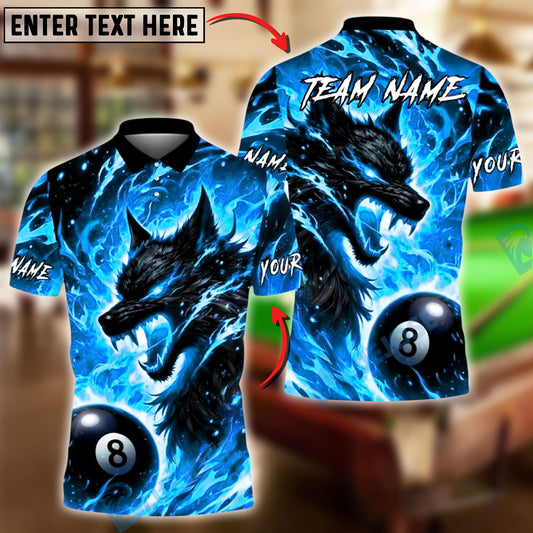 BlueJose Billiards 8-Ball Fire Wolf Flame Art Design Personalized Name, Team Name Unisex Shirt (4 Colors)