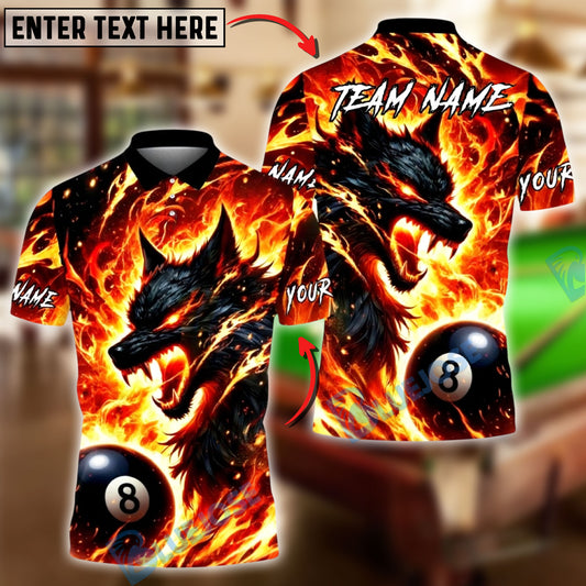 BlueJose Billiards 8-Ball Fire Wolf Flame Art Design Personalized Name, Team Name Unisex Shirt (4 Colors)