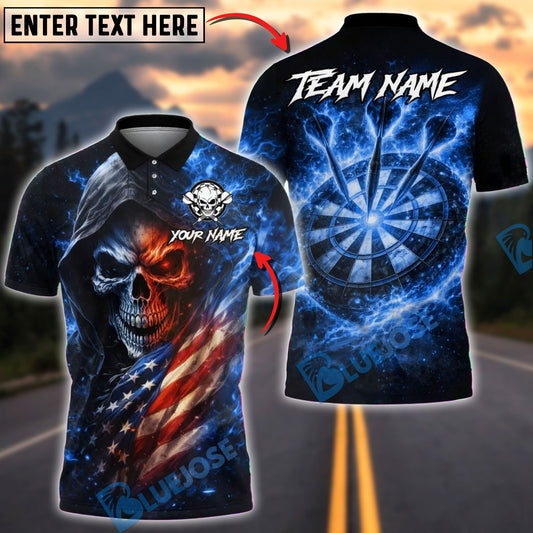 BlueJose Darts Flaming Skull with Fire Dartboard Back Design Multicolor Options Personalized Name Shirt (4 Colors)
