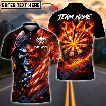 BlueJose Darts Flaming Skull with Fire Dartboard Back Design Multicolor Options Personalized Name Shirt (4 Colors)