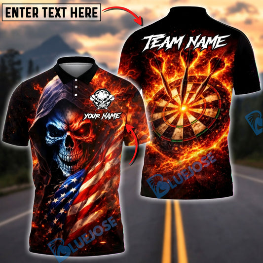 BlueJose Darts Flaming Skull with Fire Dartboard Back Design Multicolor Options Personalized Name Shirt (4 Colors)