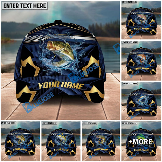 BlueJose Fishing Black Gold Geometric Personalized Name Classic 3D Cap Personalized Cap (13 Breeds)