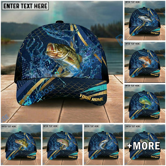 BlueJose Fishing Luxury Gold Stripe Water Splash Design Personalized Name Classic 3D Cap Personalized Cap (13 Breeds)