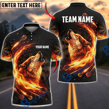 BlueJose Darts Howling Wolf Fire Flame Splash Personalized Name, Team Name Unisex Shirt (4 Colors)