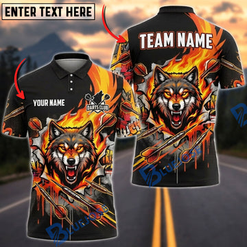 BlueJose Darts Angry Wolf Fire Flames Hole Torn Effect Personalized Name, Team Name Unisex Shirt (4 Colors)
