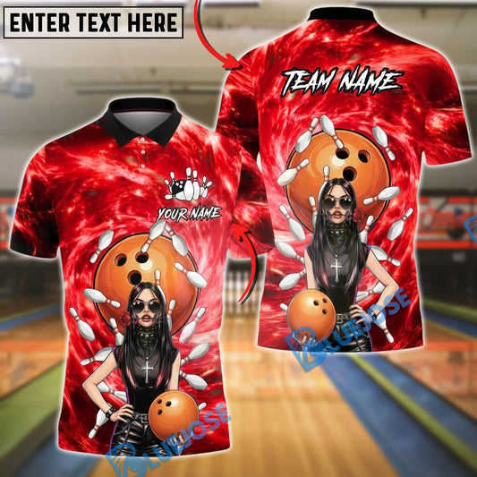 BlueJose Bowling And Pins Gothic Girl Orange Ball Blue Galaxy Background Customized Name, Team Name 3D Shirt (4 Colors)