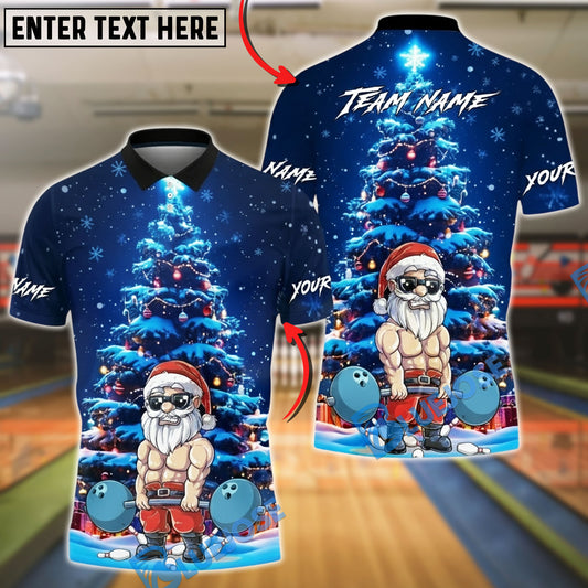 BlueJose Bowling And Pins Muscular Santa Christmas Tree Night Scene Customized Name, Team Name 3D Shirt (4 Colors)