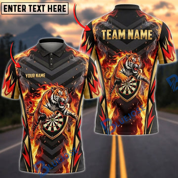 BlueJose Darts Fire Flame Pouncing Tiger Shield Dartboard Personalized Name, Team Name Unisex Shirt (4 Colors)