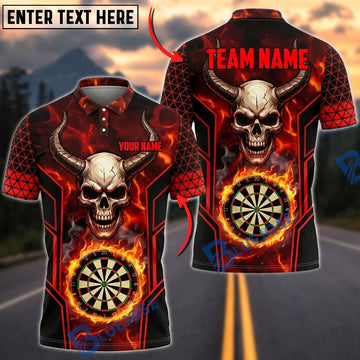 BlueJose Darts Horned Devil Skull Flame Glowing Dartboard Ring Personalized Name, Team Name Unisex Shirt (4 Colors)