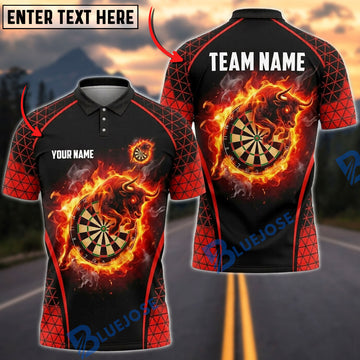 BlueJose Darts Charging Angry Bull Flame Ring Dartboard Geometric Personalized Name, Team Name Unisex Shirt (4 Colors)