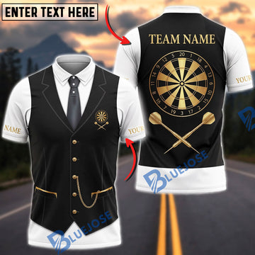 BlueJose Darts Tuxedo Vest Black Tie Pocket Chain Dartboard Personalized Name, Team Name Unisex Shirt (6 Colors)