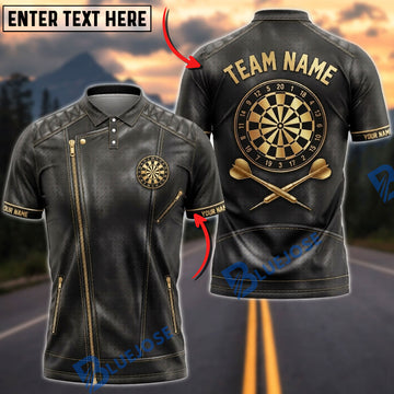 BlueJose Darts Black Leather Biker Zipper Jacket Accents Dartboard Personalized Name, Team Name Unisex Shirt (6 Colors)