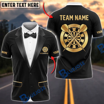BlueJose Darts Classic Tuxedo Suit Bow Tie Dartboard Badge Personalized Name, Team Name Unisex Shirt (6 Colors)