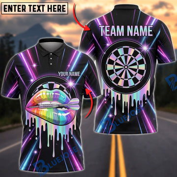 BlueJose Darts Holographic Neon Lips Paint Drip Dartboard Glow Personalized Name Shirt