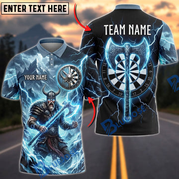 BlueJose Darts Viking Warrior Icy Mountain Lightning Battle Axe Shield Dartboard Personalized Name, Team Name Unisex Shirt (4 Colors)