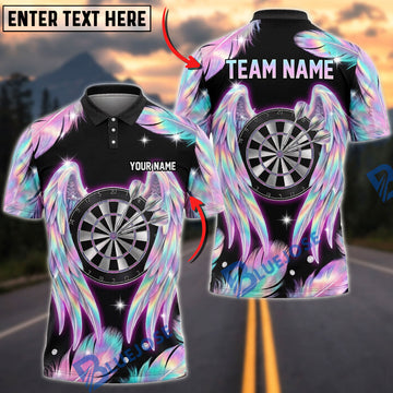 BlueJose Darts Neon Holographic Angel Feather Wings Dartboard Glow Personalized Name Shirt