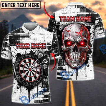 BlueJose Darts Glowing Eyes Skull Paint Drip Grunge Personalized Name, Team Name Unisex Shirt (4 Colors)