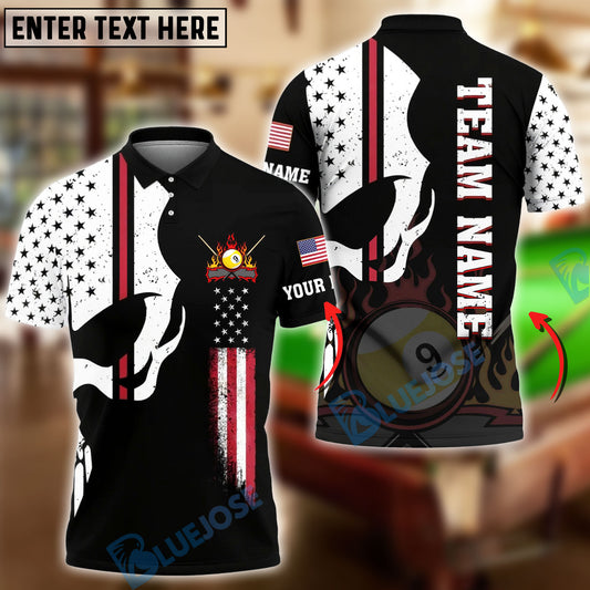 BlueJoses Billiards Ball 9 Punisher Skull Flame American Flag Customized Name, Team Name 3D Shirt