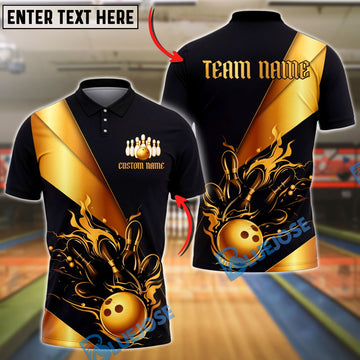 BlueJose Bowling And Pins Gold Luxury Flame Art Customized Name, Team Name 3D Shirt (6 Colors)