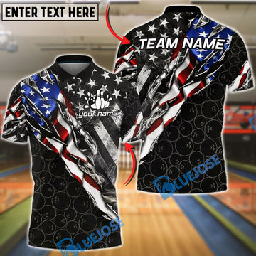 BlueJose Bowling American Flag Torn Metal Pattern Customized Name, Team Name 3D Shirt