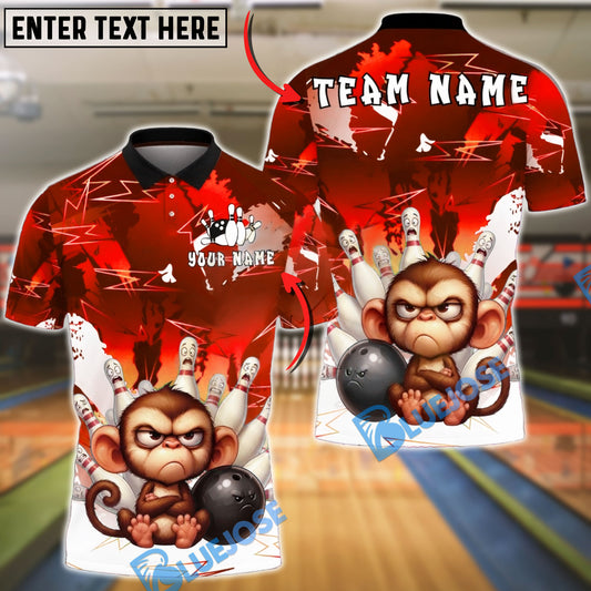 BlueJose Bowling & Pins Monkey Angry Cartoon Strike Customized Name, Team Name 3D Shirt (4 Colors)