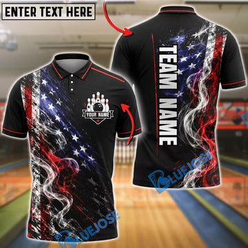 BlueJose Bowling American Flag Patriotic Smoke Customized Name, Team Name 3D Shirt