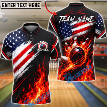 BlueJose Bowling American Flag Flaming Ball Patriotic Customized Name, Team Name 3D Shirt