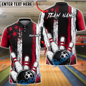 BlueJose Bowling Grunge Stars and Stripes Strike Customized Name, Team Name 3D Shirt (4 Colors)