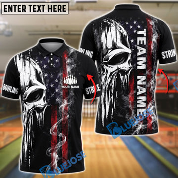 BlueJose Bowling Punisher Skull American Flag Grunge Smoke Customized Name, Team Name 3D Shirt