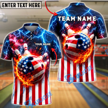 BlueJose Bowling Galaxy Thunder American Flag Fireball Customized Name, Team Name 3D Shirt