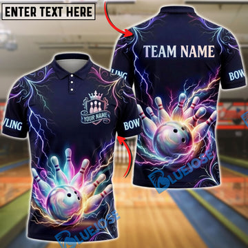 BlueJose Bowling Electric Plasma Strike Customized Name, Team Name 3D Shirt (4 Colors)
