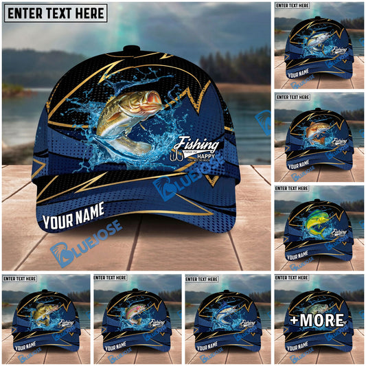 BlueJose Fishing Water Splash Navy Gold Pattern Personalized Name Classic 3D Cap Personalized Cap (13 Breeds)