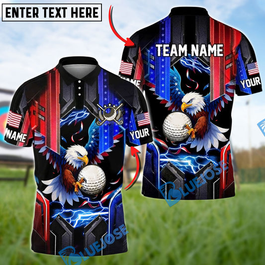 BlueJose Golf Eagle American Flag Lightning Custom Name, Team Name 3D Shirts