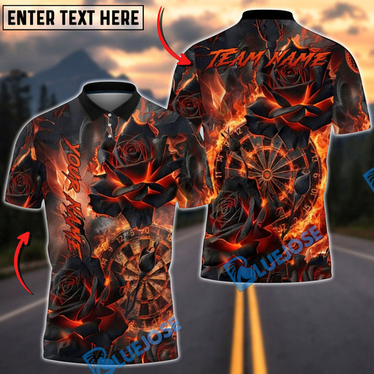 BlueJose Darts Burning Rose Fire Dartboard Graphic Multicolor Options Personalized Name Shirt (4 Colors)