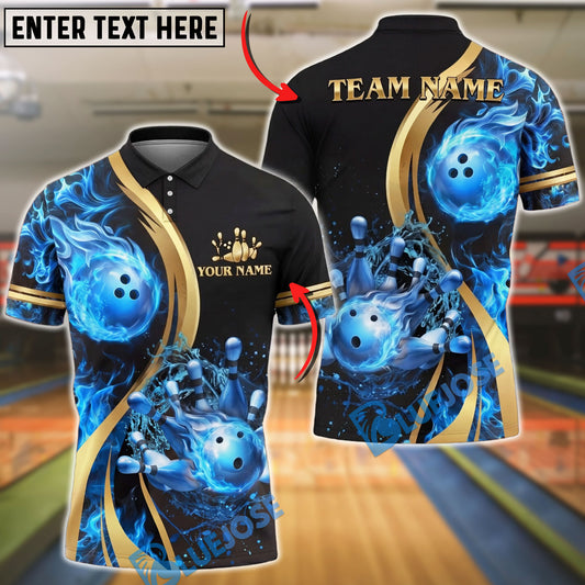 BlueJose Bowling And Pins Fire Magma Water Strike Customized Name, Team Name 3D Shirt (4 Colors)
