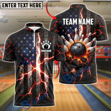 BlueJose Bowling Ball & Pins USA Flag Cracked Lightning Energy Customized Name, Team Name 3D Shirt