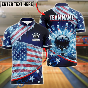 BlueJose Bowling Ball & Pins USA Flag Frozen Ice Customized Name, Team Name 3D Shirt