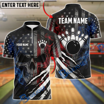 BlueJose Bowling Ball & Pins American Skull Dynamic Patriotic Slash Pattern Customized Name, Team Name 3D Shirt