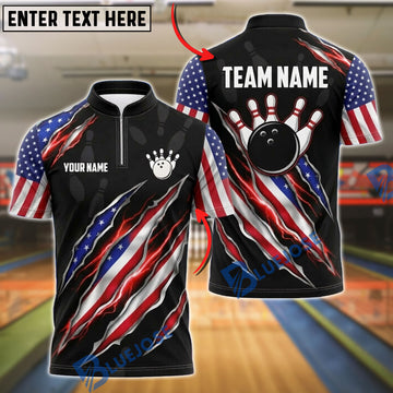 BlueJose Bowling Ball & Pins American Flag Black Scratch Customized Name, Team Name 3D Shirt