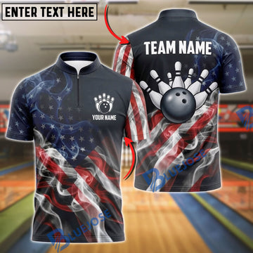 BlueJose Bowling Ball & Pins USA Flag Ocean Smoke Wave Customized Name, Team Name 3D Shirt